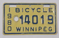 Vintage 1980 Winnipeg Manitoba Blue Letters Yellow Bicycle License Plate Tag 14019