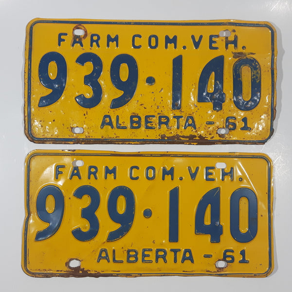 Matching Set of 2 Vintage 1961 Alberta Farm Com. Vehicle Farm Truck Commercial Vehicle Blue Letters Yellow Vehicle License Plate Tag 939 140