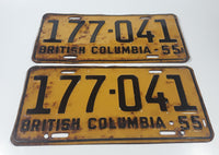 Matching Set of 2 Vintage 1955 British Columbia Black Letters Yellow Vehicle License Plate Tag 177 041