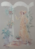 Vintage Stamford Art Lady in Yellow Dress in Garden with a Greyhound Picture 13 1/4" x 17 1/4" Glass Mirror Wall Hanging