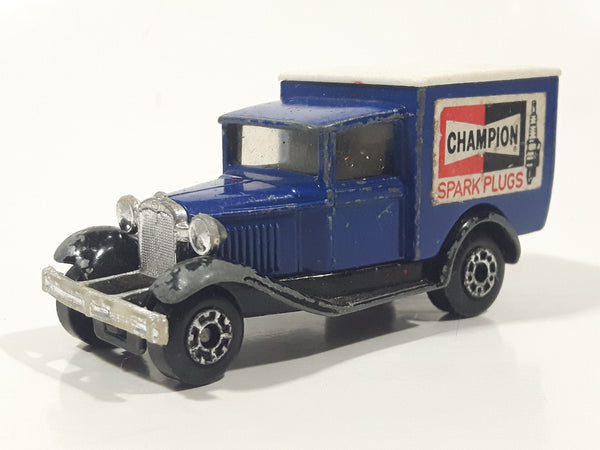 Vintage 1982 Matchbox SuperFast Model A Ford Champion Spark Plugs Blue Die Cast Toy Classic Antique Car Delivery Vehicle