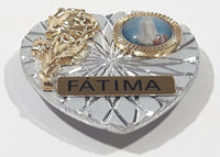 Our Lady of Fatima Gold Tone Rose Heart Shaped 1 1/4" x 1 3/8" Engraved Metal Fridge Magnet