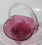 Vintage Rossie Clear Braided Handle Pink Cranberry Embossed Berries 6" Art Glass Basket Shaped Candy Dish