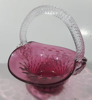 Vintage Rossie Clear Braided Handle Pink Cranberry Embossed Berries 6" Art Glass Basket Shaped Candy Dish