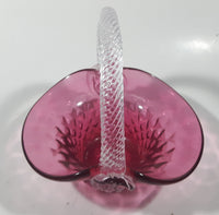 Vintage Rossie Clear Braided Handle Pink Cranberry Embossed Berries 6" Art Glass Basket Shaped Candy Dish