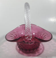 Vintage Rossie Clear Braided Handle Pink Cranberry Embossed Berries 6" Art Glass Basket Shaped Candy Dish