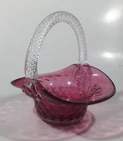 Vintage Rossie Clear Braided Handle Pink Cranberry Embossed Berries 6" Art Glass Basket Shaped Candy Dish