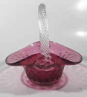 Vintage Rossie Clear Braided Handle Pink Cranberry Embossed Berries 6" Art Glass Basket Shaped Candy Dish