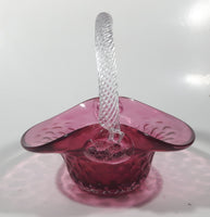 Vintage Rossie Clear Braided Handle Pink Cranberry Embossed Berries 6" Art Glass Basket Shaped Candy Dish