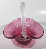 Vintage Rossie Clear Braided Handle Pink Cranberry Embossed Berries 6" Art Glass Basket Shaped Candy Dish