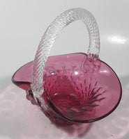 Vintage Rossie Clear Braided Handle Pink Cranberry Embossed Berries 6" Art Glass Basket Shaped Candy Dish