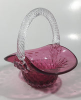 Vintage Rossie Clear Braided Handle Pink Cranberry Embossed Berries 6" Art Glass Basket Shaped Candy Dish