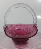 Vintage Rossie Clear Braided Handle Pink Cranberry Embossed Berries 6" Art Glass Basket Shaped Candy Dish