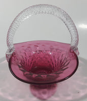 Vintage Rossie Clear Braided Handle Pink Cranberry Embossed Berries 6" Art Glass Basket Shaped Candy Dish