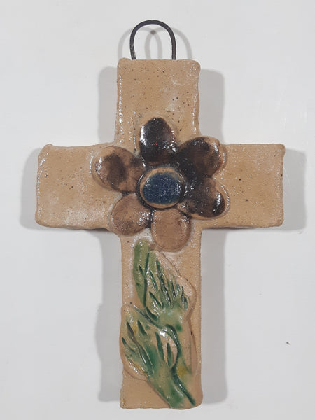 Hecho En Oaxaca Mexico Hand Made Clay Pottery Christian Cross Crucifix 3 1/8" Tall Wall Hanging