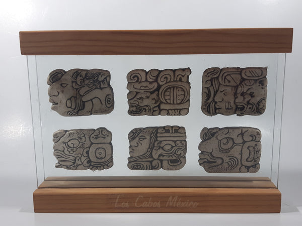 Very Rare Los Cabos Mexico Set of 6 Museum Reproduction Mayan Glipho Glypho 8 3/4" Wide Wood and Glass Display