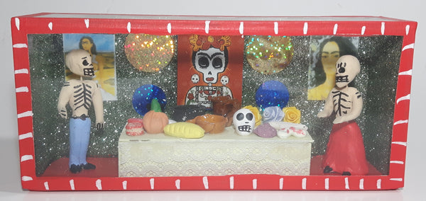 Mexican Folk Art Day of The Dead Skeleton Man and Woman Dining Room Food Table with Nude Poster On Wall 7 3/4" Wide Red Painted Diorama