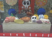 Mexican Folk Art Day of The Dead Skeleton Man and Woman Dining Room Food Table with Nude Poster On Wall 7 3/4" Wide Red Painted Diorama