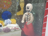 Mexican Folk Art Day of The Dead Skeleton Man and Woman Dining Room Food Table with Nude Poster On Wall 7 3/4" Wide Red Painted Diorama