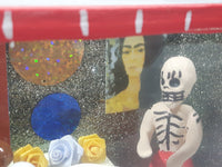 Mexican Folk Art Day of The Dead Skeleton Man and Woman Dining Room Food Table with Nude Poster On Wall 7 3/4" Wide Red Painted Diorama