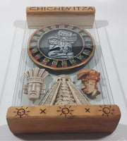 Very Rare Mexico Chichen Itza Mayan Calendar Temple and Masks 10 1/2" Wide Wood and Glass Display