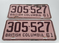 Matching Set of 2 Vintage 1961 British Columbia Maroon Letters Pink Metal License Plate Tag 305 527