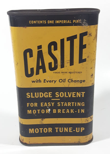 Vintage Casite with Every Oil Change Sludge Solvent For Easy Starting Motor Break-In Motor Tune-Up One Imperial Pint Yellow and Black Metal Container FULL