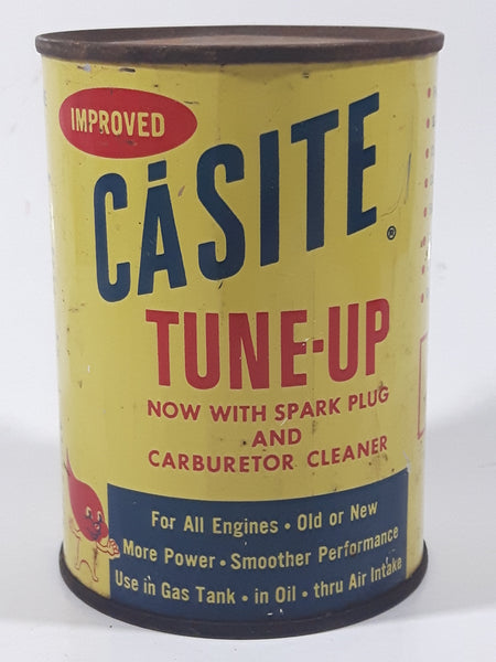 Rare Version Vintage Casite Improved Tune-Up Now with Spark Plug and Carburetor Cleaner 15 Fluid Ounces Yellow Metal Container FULL