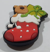 Brown Teddy Bear with Green Christmas Present in Red Stocking 1 1/2" x 2" Thick Rubber Fridge Magnet