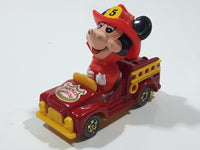 Vintage Tomy Walt Disney Production No. PD-2 Mickey Mouse Fireman Red and Yellow Plastic and Die Cast Metal Toy Car Fire Truck Firefighting Vehicle