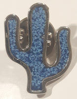 Blue Cactus Shaped 3/4" x 7/8" Tiny Stone Chip Inlay Metal Lapel Pin