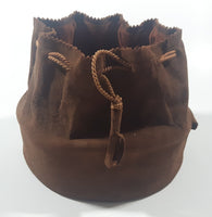 Vintage 1960s Brown Suede Drawstring Wood Bottom Bucket Shaped 7" Purse Hippie Bag