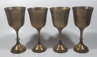 Vintage Engraved Brass Set of 4 Wine Cups and 9" Engraved Brass Serving Tray