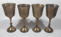 Vintage Engraved Brass Set of 4 Wine Cups and 9" Engraved Brass Serving Tray