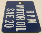 Antique RPM Motor Oil SAE 20 Blue Porcelain Enamel Metal Fuel Tag 2" x 3"