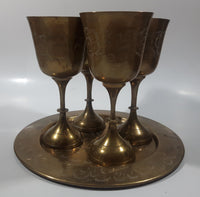 Vintage Engraved Brass Set of 4 Wine Cups and 9" Engraved Brass Serving Tray