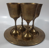 Vintage Engraved Brass Set of 4 Wine Cups and 9" Engraved Brass Serving Tray