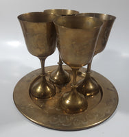 Vintage Engraved Brass Set of 4 Wine Cups and 9" Engraved Brass Serving Tray