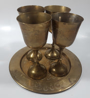 Vintage Engraved Brass Set of 4 Wine Cups and 9" Engraved Brass Serving Tray