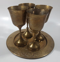 Vintage Engraved Brass Set of 4 Wine Cups and 9" Engraved Brass Serving Tray