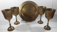 Vintage Engraved Brass Set of 4 Wine Cups and 9" Engraved Brass Serving Tray