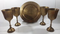 Vintage Engraved Brass Set of 4 Wine Cups and 9" Engraved Brass Serving Tray