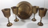 Vintage Engraved Brass Set of 4 Wine Cups and 9" Engraved Brass Serving Tray