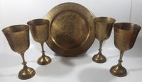 Vintage Engraved Brass Set of 4 Wine Cups and 9" Engraved Brass Serving Tray