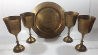 Vintage Engraved Brass Set of 4 Wine Cups and 9" Engraved Brass Serving Tray