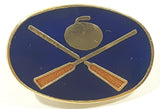 Curling Rock and Brooms Dark Blue Oval Shaped 1/2" x 7/8" Enamel Metal Lapel Pin