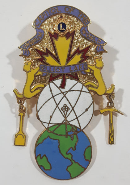 Rare Vintage Lions Club Elliot Lake Uranium Capital Of The World 1 1/2" x 2 1/2" Enamel Metal Lapel Pin with Pickaxe and Shovel Charms