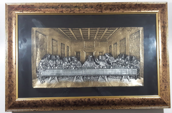 Vintage Last Supper Jesus Engraved 3D Brass Raised Relief 19 1/4" x 28 3/4" Framed Wall Art