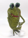 Frog with Glass Eyes Wire Frame with Green Beads Hand Crafted 7" Tall Folk Art Ornament