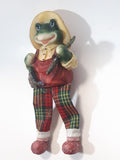 Shelf Sitting Frog with Fish and Pole 8 1/2" Tall Resin with Fabric Red Argyle Pants